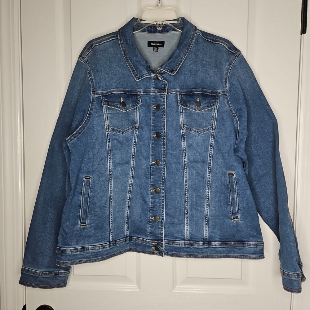 Well Worn Denim Jean Trucker Jacket Size 2XL XXL Stretch Button Front Blue New